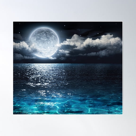 Full Moon Over Ocean Poster Home Decor Office Wall Art Living Room Decor, Paper Poster Only