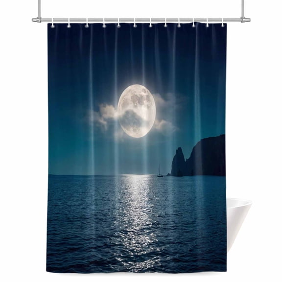 Full Moon Over The Sea Shower Curtain, 72" x 72", Deep Blue Sky Scenery Waterproof Bathroom Curtain Washable Shower Curtain Set with 12 Hooks