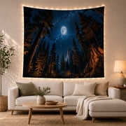 Full Moon Over Pine Forest with Golden Mountain Slopes, Mystical Celestial for Nature Lovers, Night Sky Wall Art, Housewarming Gift, Tapestry Wall Hanging for Bedroom and Living Room