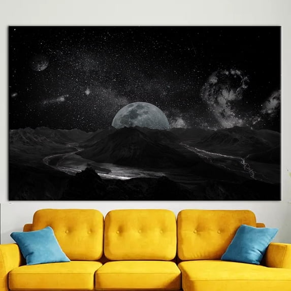 Full Moon Poster, Galaxy Art Canvas, Cosmos Art Canvas, Starry Sky Landscape, Sky Landscape Wall Decor, Moon Printed, View Artwork, Canvas Wall Decor - Black Framed
