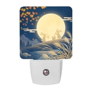 Full Moon Rabbit Night Lights, Japanese Style Night Mountain Falling Maple Leaf Smart Auto Dusk to Dawn Sensor Nightlights Plug-in Nightlight for Bedroom Bathroom Living Room Kitchen Hallway