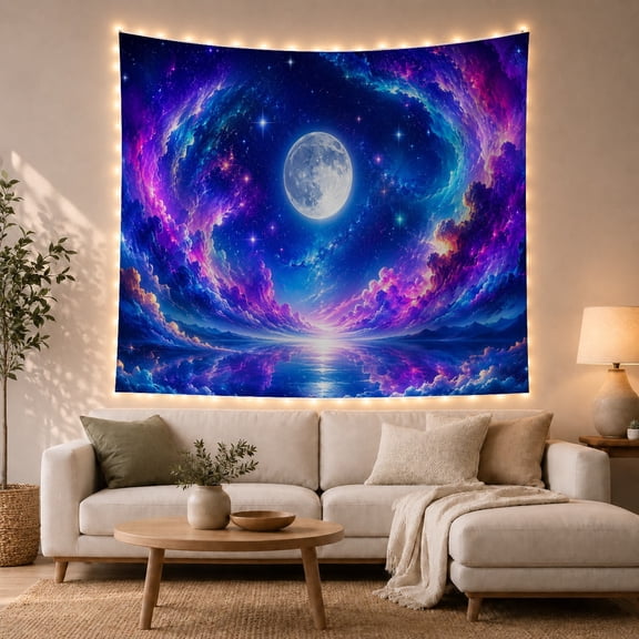 Full Moon Above Reflective Ocean, Dreamy Celestial Art for Space Lovers, Cosmic Seascape Decor, Housewarming Gift, Tapestry Wall Hanging for Bedroom and Living Room