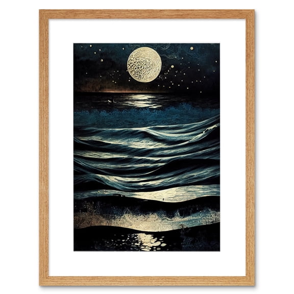 Full Moon Rising Over Clear Night Sky Tidal Waves Artwork Framed Wall Art Print 9X7 Inch