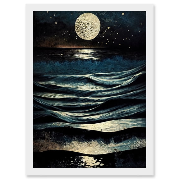Full Moon Rising Over Clear Night Sky Tidal Waves Artwork Framed Wall Art Print A4