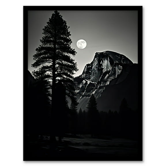 Full Moon Rising over Half Dome Black and White Art Print Framed Poster Wall Decor 12x16 inch