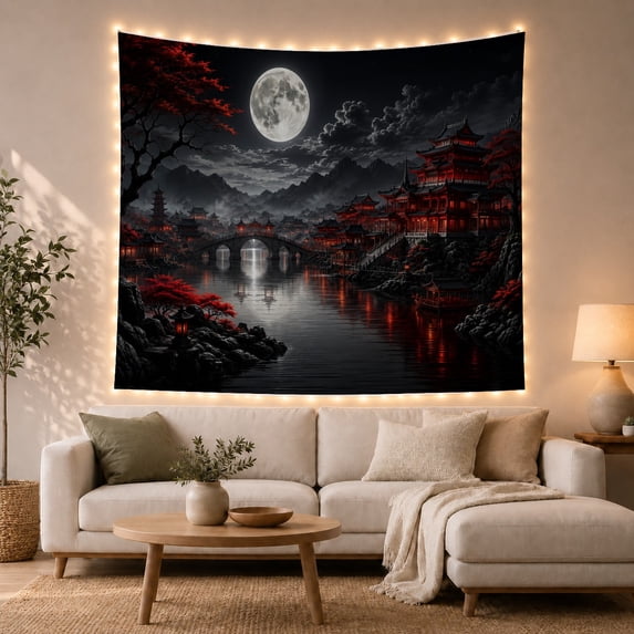 Full Moon Above a Riverside Pagoda Village and Bridge, Peaceful Fantasy for Nature Lovers, Asian Landscape Decor, Housewarming Gift, Tapestry Wall Hanging for Bedroom and Den