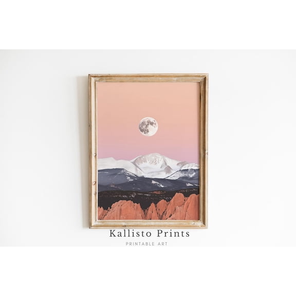 Full Moon Over Rocky Mountains, Celestial Desert Landscape Print Poster, Pink Sky Wall Art, Minimalist Nature Decor 972, Size 8x12 UNFFRAMED F03.1.6l2811