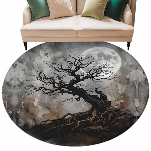 Full Moon Round Rug 5ft Washable Circle Kitchen Rugs Non Slip Vintage Horror Tree Branches Ombre Grey Large Area Rug Indoor Floor Carpet for Bedroom Living Room Home Office Dining Room Nursery