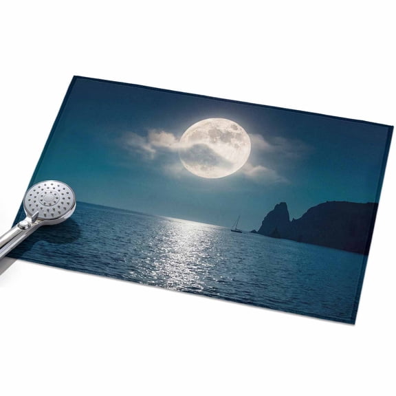 Full Moon Over The Sea 2x3ft Non Slip Area Rug Deep Blue Sky Scenery Washable Soft Area Rugs for Living Room, Indoor Circle Carpet for Bedroom Dining Room Kitchen