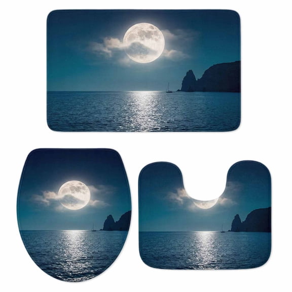 Full Moon Over The Sea Bathroom Rugs Set Deep Blue Sky Scenery Non Slip Absorbent Soft Bath Mats 3 Piece Set with Bathroom Rug, U-Shaped Floor Mat, Toilet Seat Cover Small Size