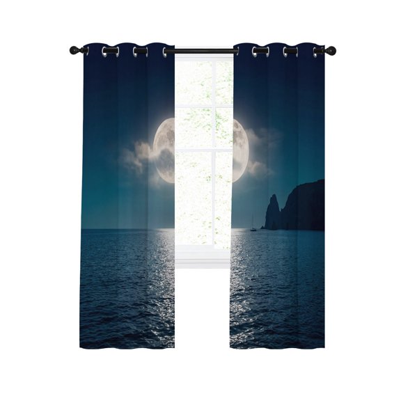 Full Moon Over The Sea Blackout Curtains 2 Panels Set Deep Blue Sky Scenery Thermal Insulated Privacy Black Out Drapes Window Curtain for Living Room Bedroom 52 x 96 Inch