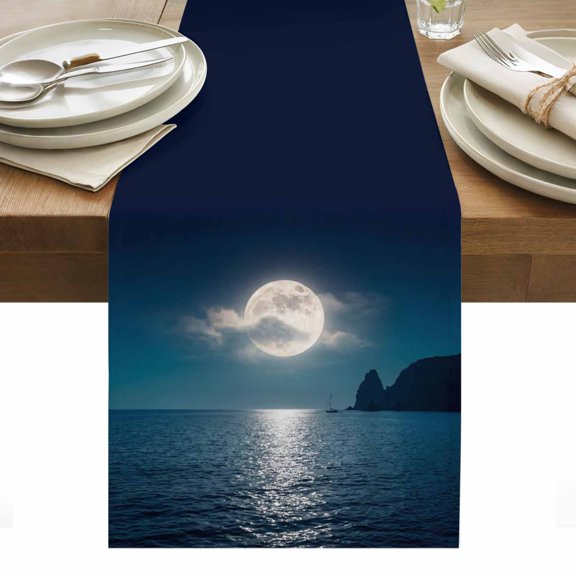 Full Moon Over The Sea Cotton Linen Table Runner Deep Blue Sky Scenery Dining Table Runners for Home Decor Party Dining Room Restaurant Kitchen Party 13" x 36"