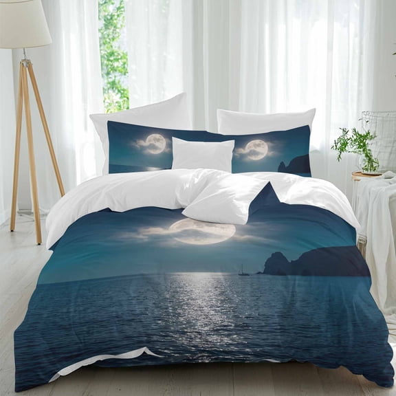 Full Moon Over The Sea Duvet Cover Set Full Size, Deep Blue Sky Scenery 4 Piece Soft Microfiber Bedding Set with Zipper Closure, 1 Comforter Cover, 1 Flat Sheet, 2 Pillowcases