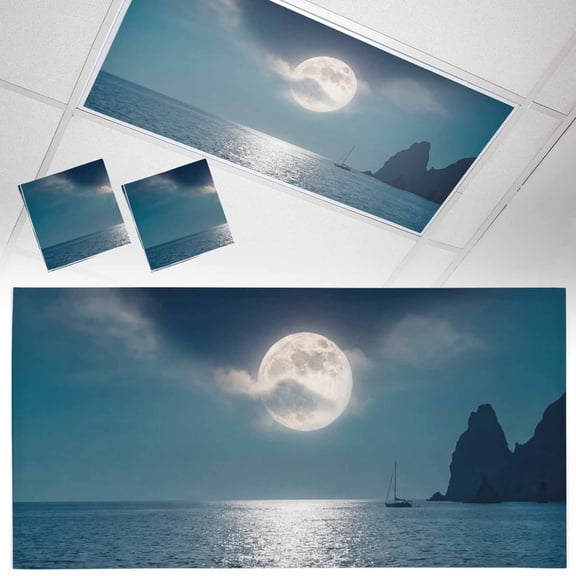 Full Moon Over The Sea Fluorescent Light Covers Deep Blue Sky Scenery Magnetic Light Filters Ceiling Lighting Panel Shade for Classroom Office Home 2 x 4 ft, 2 Pack
