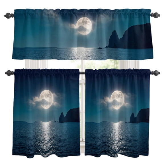 Full Moon Over The Sea Kitchen Curtains Set for Windows, Deep Blue Sky Scenery Curtains Valance and Tier 3 Piece Set Small Drapes 24 Inch Length for Kitchen Bedroom Decor