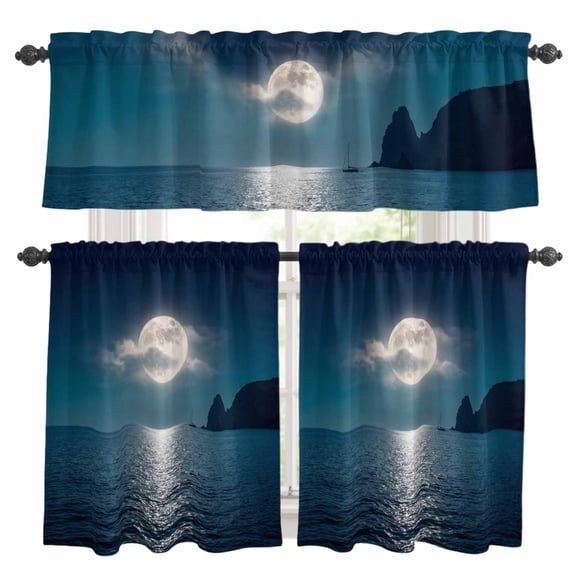 Full Moon Over The Sea Kitchen Curtains and Valances Set, Deep Blue Sky Scenery Rod Pocket Window Valance 18 Inch Window Curtain Panels for Living Room Bedroom Laundry, 27.5x24in, 3 Pieces