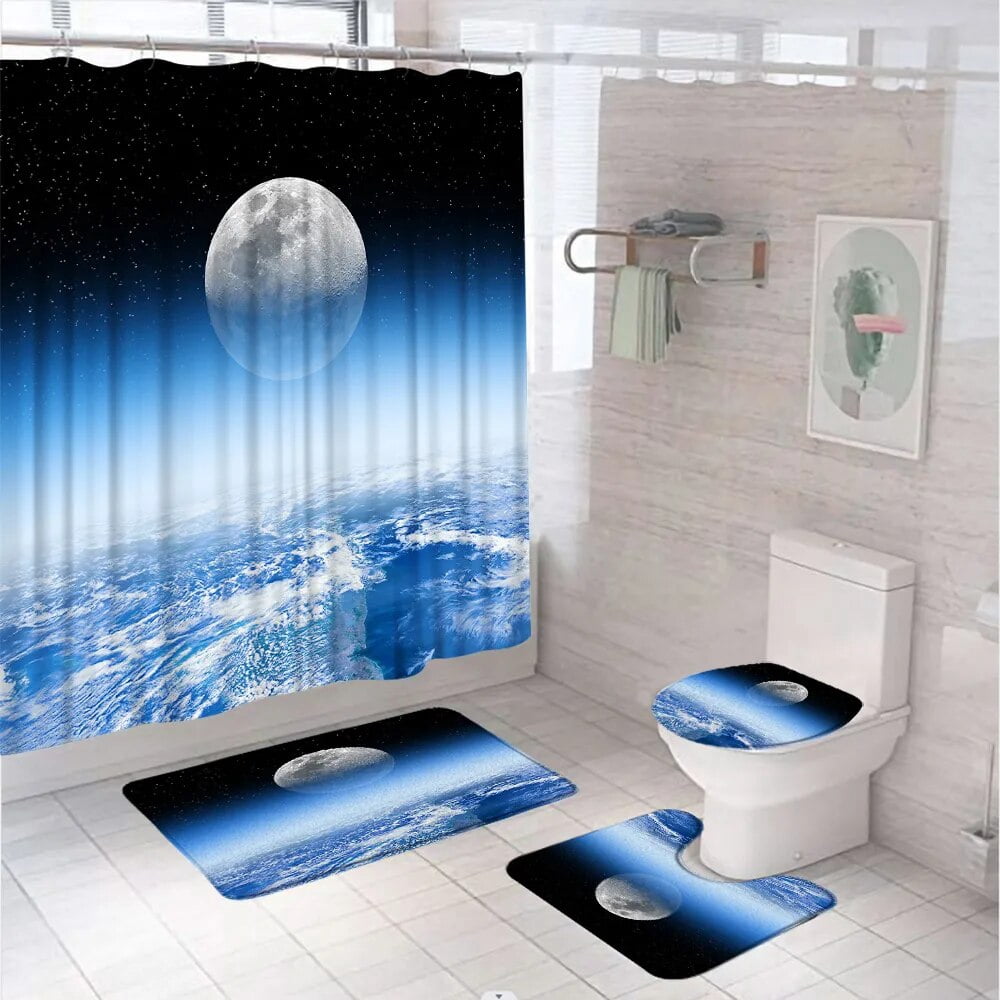 Full Moon Sea Ocean Shower Curtains Set with Rug Toilet Cover Bath Mat Cloud Planet Star Sky ...