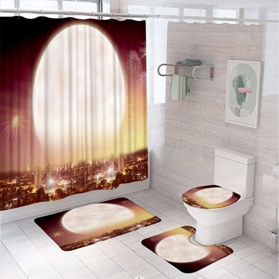 Full Moon Sea Ocean Shower Curtains Set with Rug Toilet Cover Bath Mat Cloud Planet Star Sky Dreamy Night Scene Bathroom Curtain