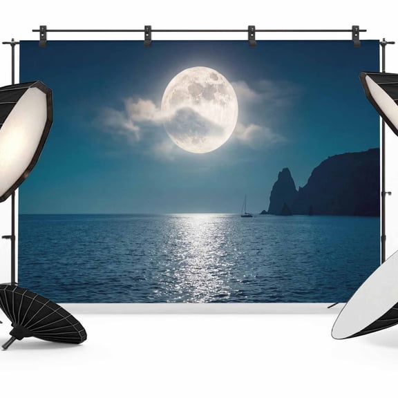 Full Moon Over The Sea Photography Backdrop 10x8FT, Deep Blue Sky Scenery Photo Backdrops, Background for Photography Studio Photo Studio Background, Back Drop for Photoshoot