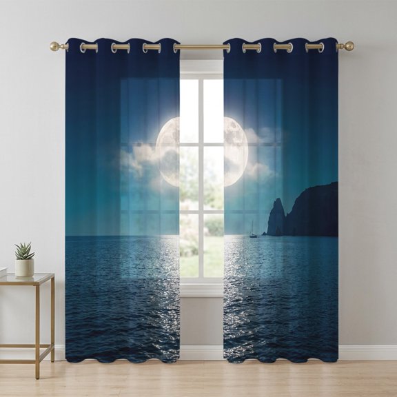 Full Moon Over The Sea Sheer Curtains 63 Inch Long 2 Panels, Deep Blue Sky Scenery Light Filtering Semi Sheer Drapes Grommet Voile Window Curtain for Living Bedroom W42 x L63