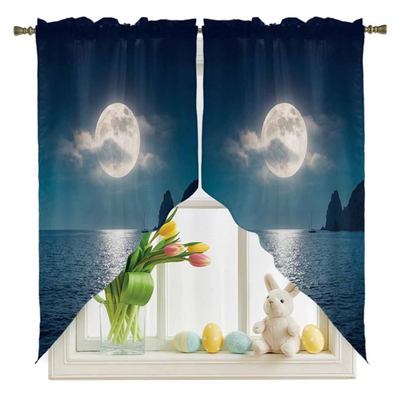 Full Moon Over The Sea Swag Kitchen Curtain Valances, Deep Blue Sky Scenery Rod Pocket Curtains Window Treatment Decor Valances for Bedroom Bathroom, 2 Panels 36 x 63 Inch