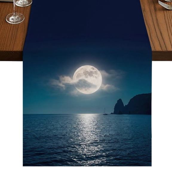 Full Moon Over The Sea Table Runner 48 Inches Long, Deep Blue Sky Scenery Cotton Linen Dining Table Runner Dresser Scarves for Home Kitchen Party Decor 13"x48"
