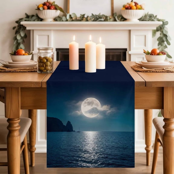 Full Moon Over The Sea Table Runner, Deep Blue Sky Scenery Cotton Linen Kitchen Table Decoration Washable Dining Tabletop Runners for Home Party Decor 13x48 Inches