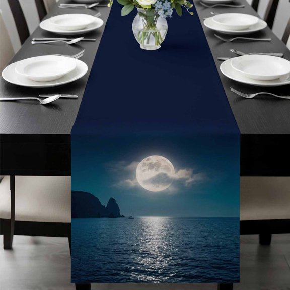 Full Moon Over The Sea Table Runner, Deep Blue Sky Scenery Washable Cotton-linen Table Runners Dining Kitchen Decoration for Everyday Home Wedding Party Decor, 13 x 72 Inch