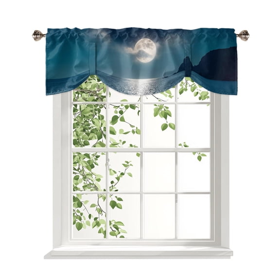 Full Moon Over The Sea Tie Up Valances Curtain, Deep Blue Sky Scenery Adjustable Rod Pocket Window Treatment Short Tie Up Curtains Valances for Kitchen Living Room Bathroom 54x18 Inches