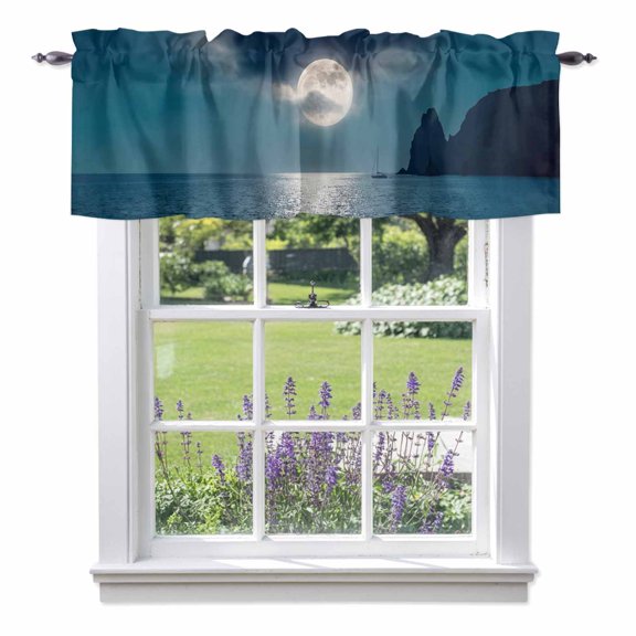 Full Moon Over The Sea Valance Curtain for Windows Deep Blue Sky Scenery Rod Pocket Curtain Valances Short Window Treatments Panels for Kitchen Bathroom Laundry Room Basement 54 x 18 Inch