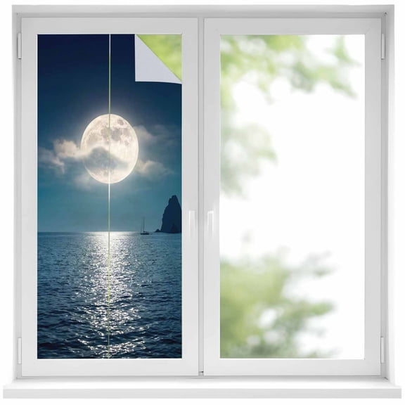Full Moon Over The Sea Window Privacy Film, Deep Blue Sky Scenery Frosted Glass Window Clings Static Cling UV Heat Blocking Reusable Door Sticker for Bathroom 17.7 x 39.3 Inch