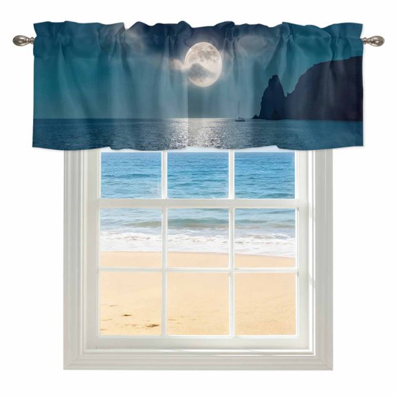Full Moon Over The Sea Window Valance for Kitchen, Deep Blue Sky Scenery Rod Pocket Short Curtain for Small Windows, Light Filtering Decorative Valance, 42 x 18 Inch