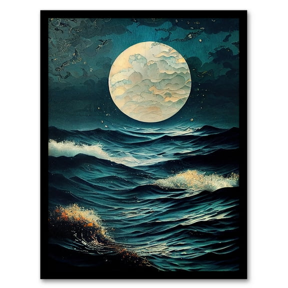 Full Moon Seascape Oil Painting Moonlit Sea with Restless Waves Art Print Framed Poster Wall Decor 12x16 inch