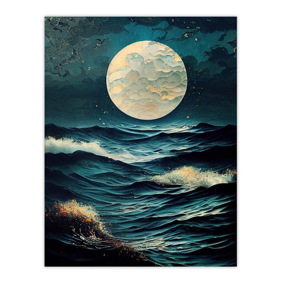 Full Moon Seascape Oil Painting Moonlit Sea with Restless Waves Unframed Wall Art Print Poster Home Decor Premium