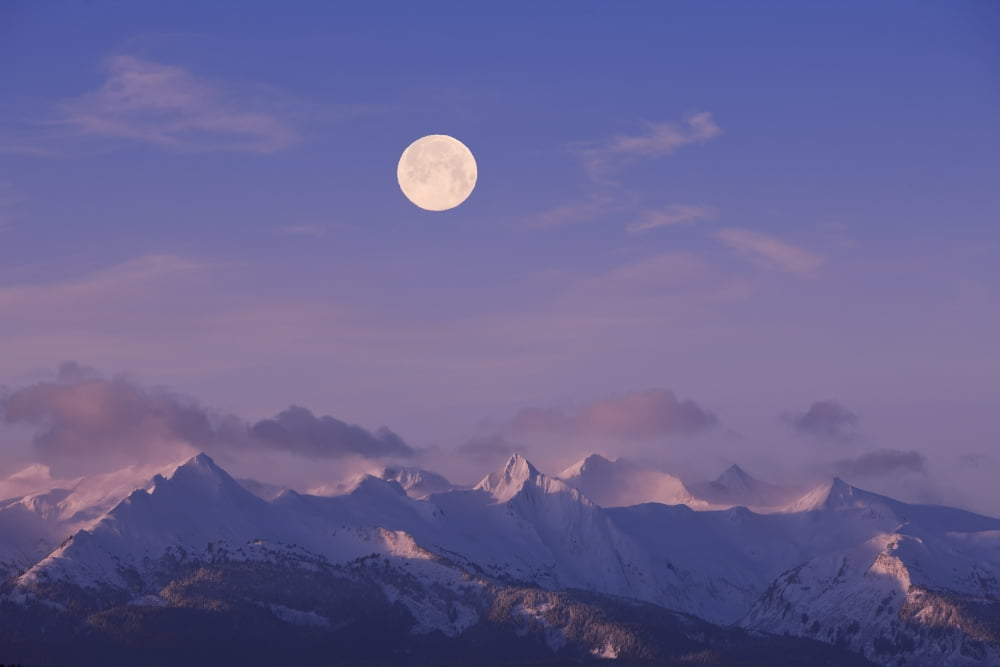 A Full Moon Sets Over The Chilkat Mountains And Lynn Canal At Sunrise Overlooking Lynn Canal Inside Passage Alaska Canvas Art - John Hyde Design Pics (18 x 12)
