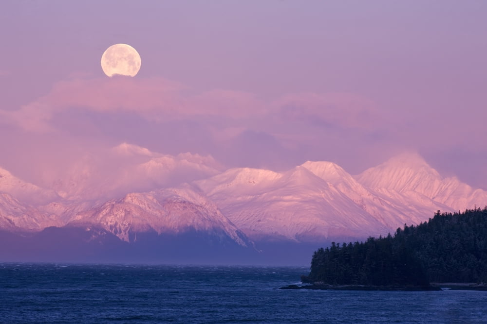 A Full Moon Sets Over The Chilkat Mountains And Lynn Canal At Sunrise Overlooking Lynn Canal Inside Passage Alaska Canvas Art - John Hyde Design Pics (18 x 12)