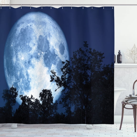 Full Moon Shower Curtain, Big Moon Beaming in the Woods Night Forest, Fabric Bathroom Set with Hooks, 69W X 75L Inches Long, Night Blue Blue Grey Charcoal Grey Pale Ceil Blue, by Ambesonne