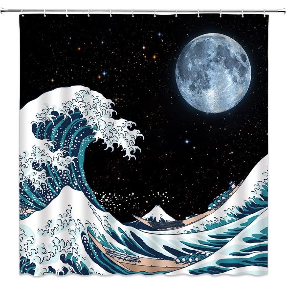 Full Moon Shower Curtain Creative Hokusai Great Wave Amazing Galaxy Star Sky Night Scene Japanese Great Wave of Kanagawa Ocean Boat Japan Mount Fuji Fabric Bathroom Curtain Set with Hook72"WX72"H
