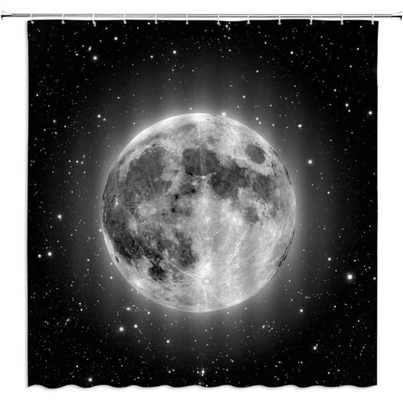 Full Moon Shower Curtain Fantasy Black Starry Sky Glowing Gray Moonlight Stars Outer Space Universe Galaxy Fabric Bathroom Decor Set with Hooks,Black Gray(84" Wx70 H)