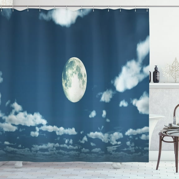 Full Moon Shower Curtain, Sky with Pieces of Fluffy Clouds Scattered, Fabric Bathroom Set with Hooks, 69W X 70L Inches, Pale Cadet Blue Dark Sky Blue Slate Blue White, by Ambesonne
