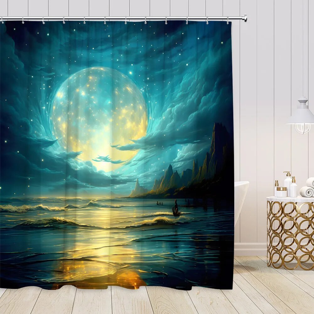Full Moon Shower Curtains Fantasy Starry Sky Mountains Cloud Glowing