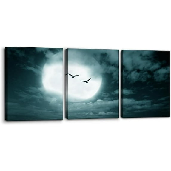Full Moon and Sky Canvas Wall Art, Set of 3 Framed Art Prints, Halloween Dark Style Canvas Wall Painting, 12x16 inch 3 Panels Modern Artwork, Living Room Bedroom Office Wall Decor Framed Ready to Hang