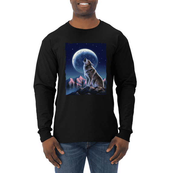 Full Moon Snow Wolf Howling Animal Lover Mens Long Sleeve Shirt