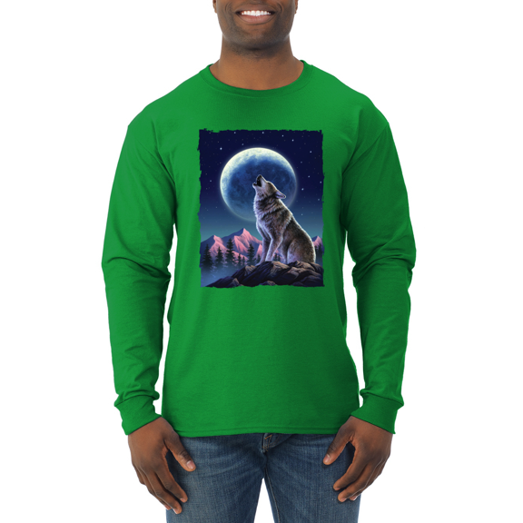 Full Moon Snow Wolf Howling Animal Lover Mens Long Sleeve Shirt