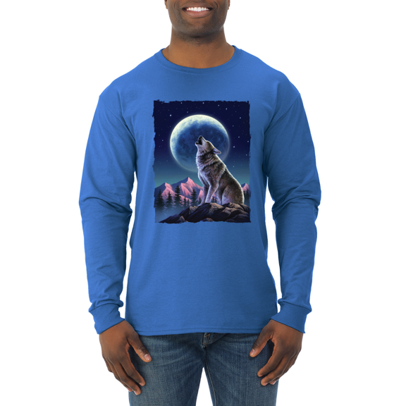 Full Moon Snow Wolf Howling Animal Lover Mens Long Sleeve Shirt