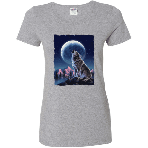Full Moon Snow Wolf Howling Animal Lover Womens Graphic T-Shirt