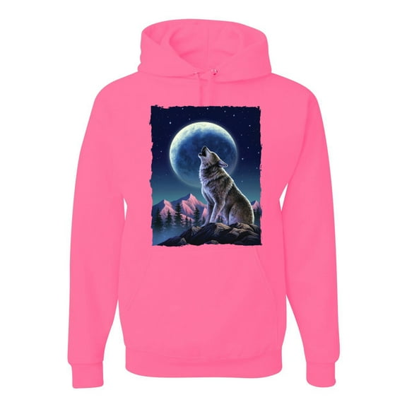 Full Moon Snow Wolf Howling Fashion Graphic Hoodie Sweatshirt, Neon Pink, Large