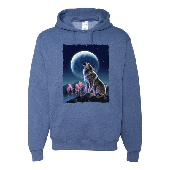 Full Moon Snow Wolf Howling Fashion Graphic Hoodie Sweatshirt, Vintage Heather Blue, 3XL