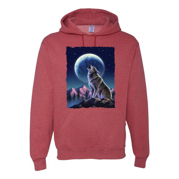 Full Moon Snow Wolf Howling Fashion Graphic Hoodie Sweatshirt, Vintage Heather Red, X-Large