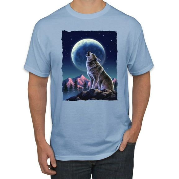 Full Moon Snow Wolf Howling Fashion Graphic T-Shirt, Light Blue, Small